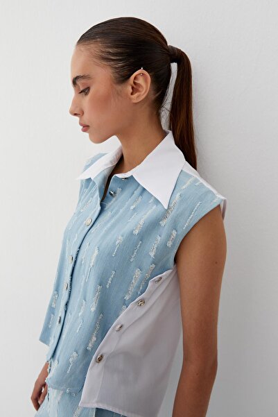 ONNO PRIVE Ripped Detailed Sleeveless Shirt Set Blue