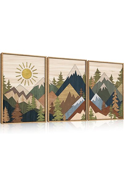 ALAYRA International مجموعة من 3 لوحات فنية تجريدية محايدة مؤطرة على قماش (40...