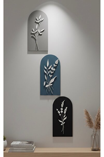 Amorf Design 3'lü Modern Arş Serisi: Botanik Dokunuşlu Ahşap Duvar Dekoru Seti