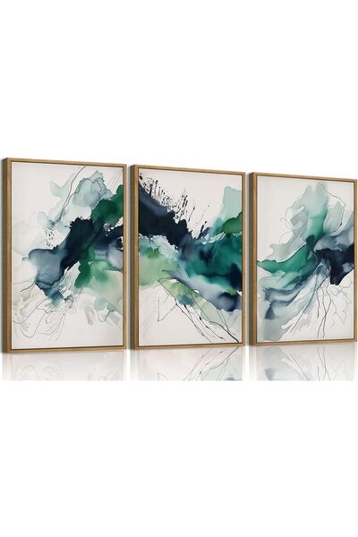 ALAYRA International مجموعة من 3 لوحات فنية تجريدية محايدة مؤطرة على قماش (40...