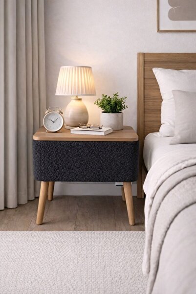 own home Nivo Sandıklı Komodin, Teddy Kumaş Kaplamalı Ahşap Ayaklı Modern Kom...