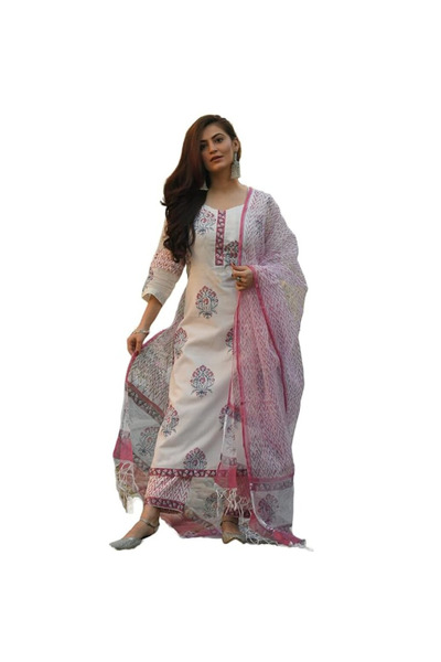 MYSMAR Women's Cotton Blend Kurta & Pant with Dupatta Set