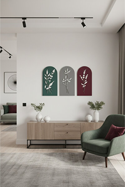 Amorf Design 3'lü Modern Arş Serisi: Botanik Dokunuşlu Ahşap Duvar Dekoru Seti