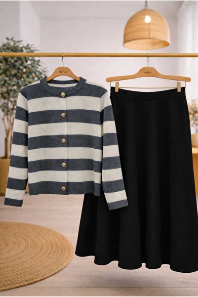 MODA VEDAT Women's Striped Knit Cardigan - Scuba Skirt Set -0410