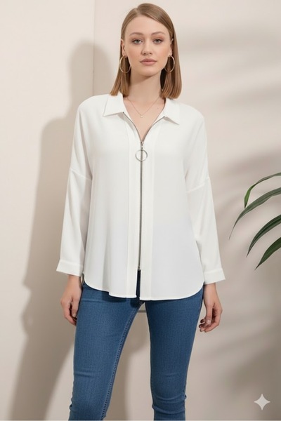 Nior Fashion KADIN- FERMUARLI OVERSIZE TERİKOTON GOMLEK-OWERSIZE RAHAT KALIP