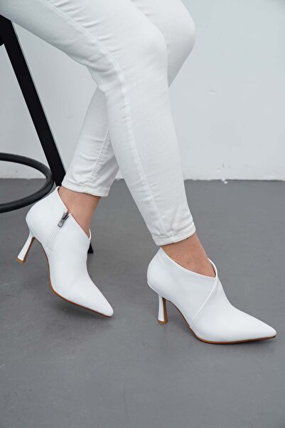 nuvilo White Skin 8.5cm Thin Heel Zipper Pointed Toe Women's Short Boots