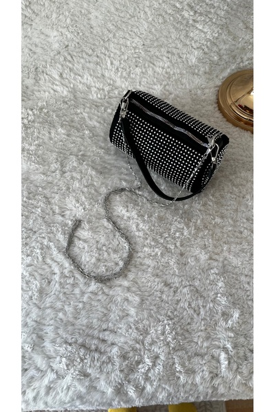 Seda Moda Siyah Gümüş Fermuarlı Taş Tasarımlı Kadın El Kol ve Omuz Çantası