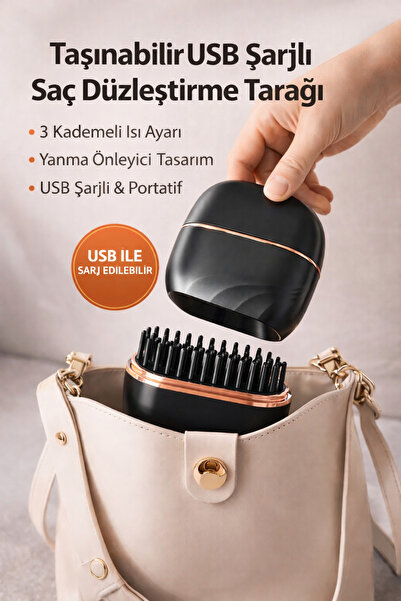 VELORASHILD Mini USB Şarjlı Saç Düzleştirici Tarak | Kablosuz, 3 Kademeli Isı...