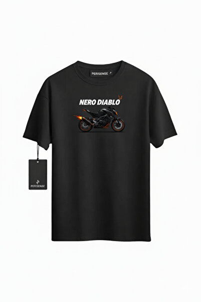PERISENSE Унисекс NERO DIABLO Принтирана премиум джърси тениска с голям размер