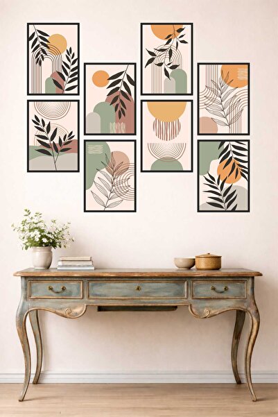 UNT 8 Piece Modern Bohemian Abstract Leaf Pattern Painting Set with Framed Look