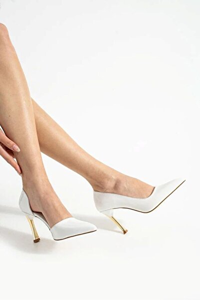 Parparastil Demry White Women's Pointed Toe 9cm Thin Heels Gold Color Metal H...