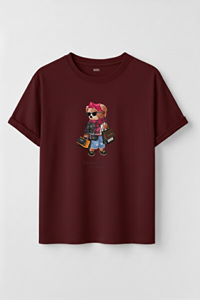 DK DAKSEL Women's Shopaholic Teddy Bear Printed Crew Neck Cotton T-Shirt