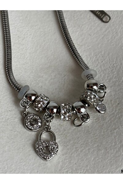 BHR AKSESUAR Silver Zircon Stone Heart Key Figured Charm Bracelet