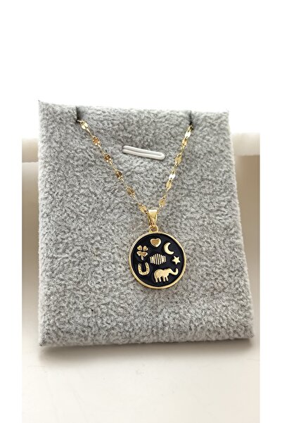 DİAVENTA TAKI VE AKSESUAR 316L Steel Luck Necklace Black Enamel Gold Steel Ne...