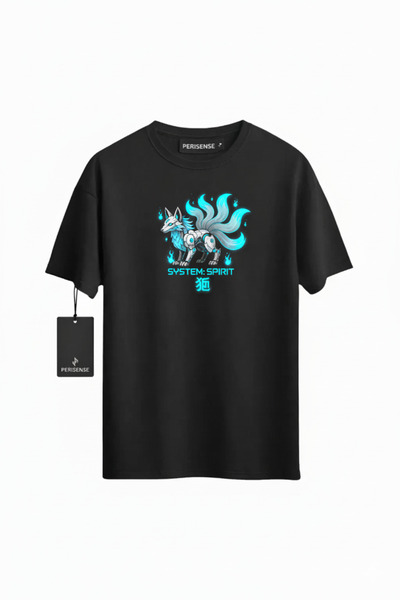 PERISENSE Unisex Cyber Kitsune Printed Premium Combed Cotton Oversized T-Shirt
