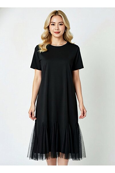 Influence Germany Black short-sleeve A-line dress with a round neckline