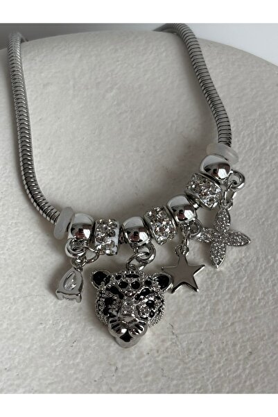 BHR AKSESUAR Silver Zircon Stone Lion Figured Charm Bracelet