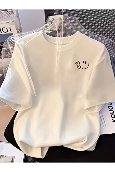 gencerco Tricou unisex cu design Smiling Face, cu gât rotund, de bază, cu cro...