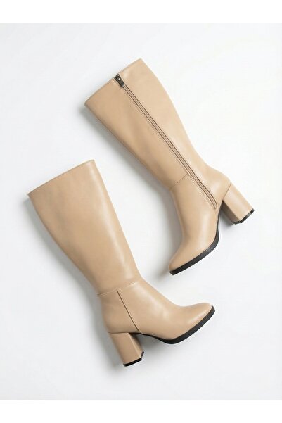 JOİN POLO Bej Kalın Topuklu Çizme / Kadın Fermuarlı Diz Altı Klasik Şık Çizme
