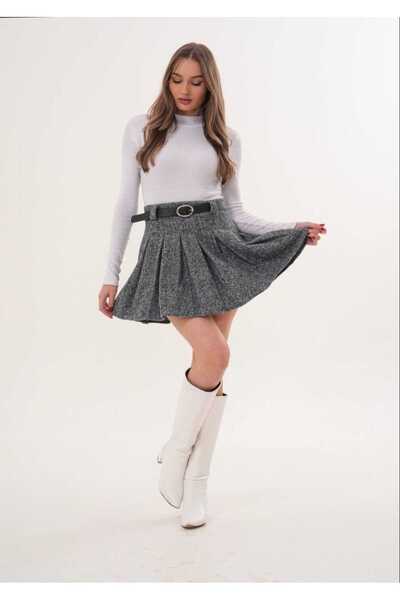 Azra Moda Style New Season Plaid Pleated Cashmere Skirt for Women