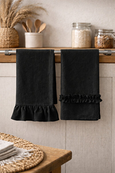 Mirilliahome Black Linen Frilled Kitchen Towel Set of 2 35X55 cm Natural Dryi...