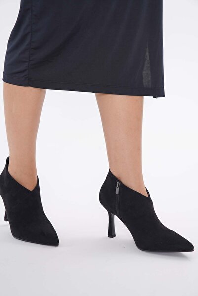 nuvilo Black Suede 8.5cm Thin Heels Pointed Toe Women's Short Boots