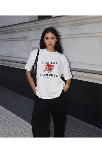 LORVEX تي شيرت Farmers Markets مطبوع قصة فضفاضة من القطن للجنسين - تي شيرت