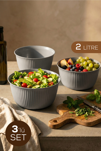 Vienev 3'lü 2 Litre Plastik Karıştırma ve Saklama Kase Seti Gri