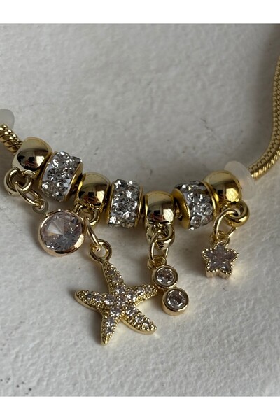 BHR AKSESUAR Gold Zircon Stone Starfish and Evil Eye Beaded Charm Bracelet