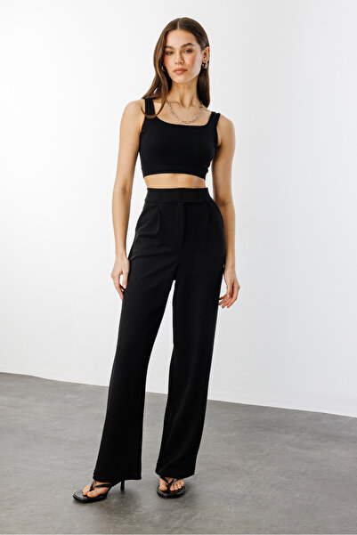 LUSHİGO Lussi Women's Lycra Cirt Closure Open Palazzo Pants Black