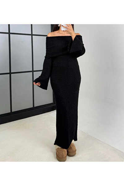 Butik Siyah Madonna yaka Tasarım Uzun Triko Elbise