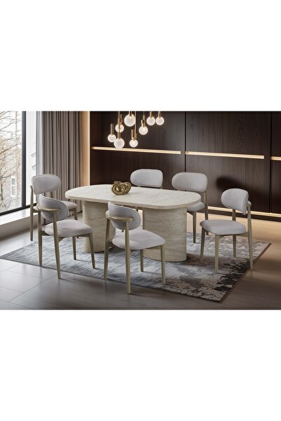 Home YemekMasası NEW ELİPS AYAK TRAVERTEN MDF MASA ve 6 sandalyeli 90x170 1.k...