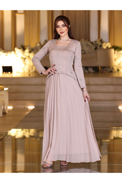 TREN Modest Beige Evening Gown with Square Neckline, Long Sleeves and Pleated...