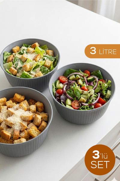 Vienev 3'lü 3 Litre Plastik Karıştırma ve Saklama Kase Seti Gri