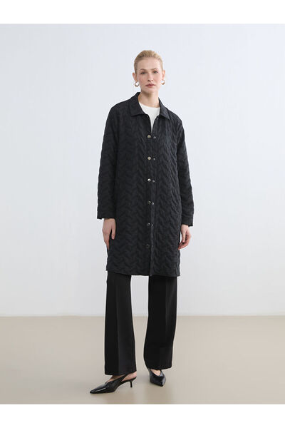 LC Waikiki Lcw Grace Black Shirt Collar Patterned Women's Puffer Coat