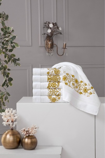 Fiesta Tekstil مجموعة من 6 مناشف مطرزة باللون الذهبي مقاس 50×90