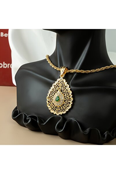 deluxe takı ve giyim Thick Auger Chain Teardrop Necklace Green Stone Inlaid N...