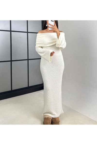 Butik Siyah Madonna yaka Tasarım Uzun Triko Elbise