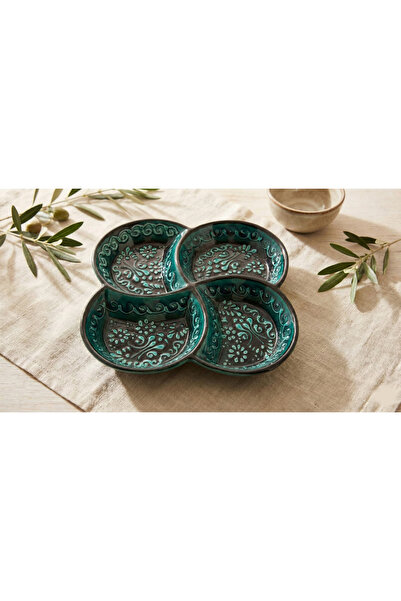 Zera Dizayn Zera Premium Zümrüt Yeşili Kabartmalı 4 Bölmeli Çerezlik & Kuruye...