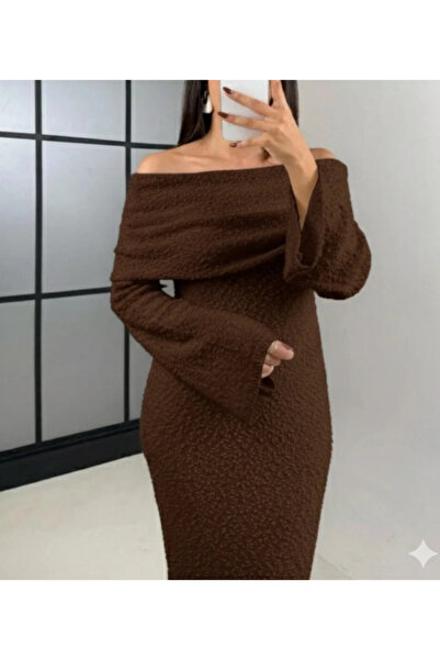 Butik Siyah Madonna yaka Tasarım Uzun Triko Elbise