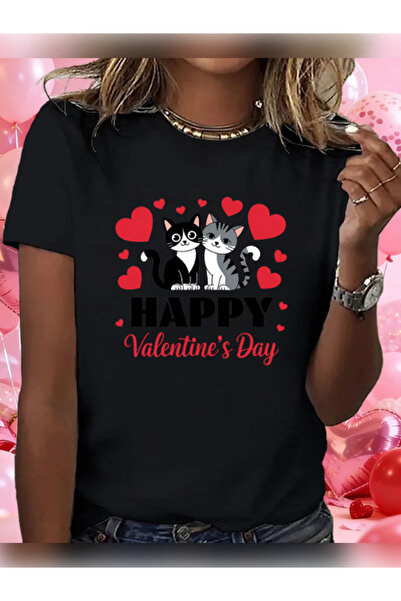 TİMİSİVA Unisex Oversized February Cat B Printed Crew Neck Short Sleeve Black...