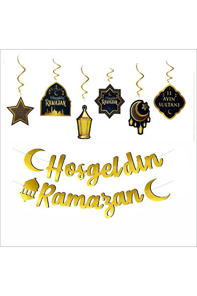 ZENVİVA Welcome Ramadan Calligraphic Banner and 6-Piece Ceiling Pendant Ornament