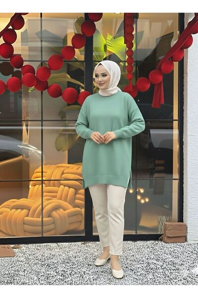 Gioni Mint Crew Neck Mercerized Loose Knitwear Tunic