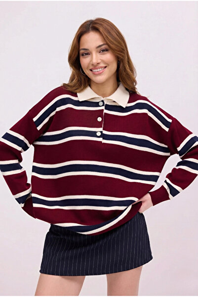 MetuCA Women's Burgundy Striped Polo Neck Buttoned Oversized Off Shoulder Kni...
