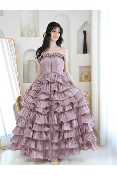 Nice Model Elegant Strapless Tiered Ruffle Maxi Dress Evening Gown Layered Pa...