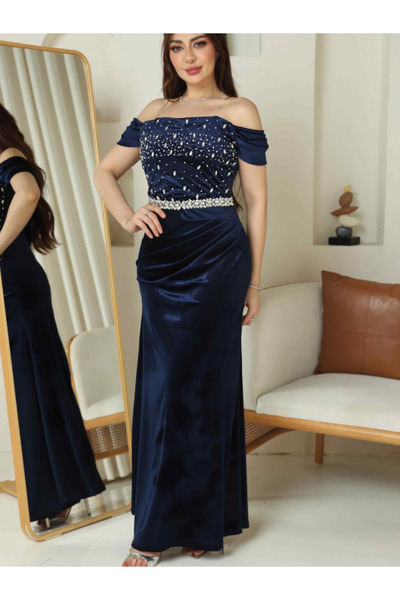 TREN Navy Blue Velvet Evening Gown Off Shoulder Crystal Beaded Formal Dress L...