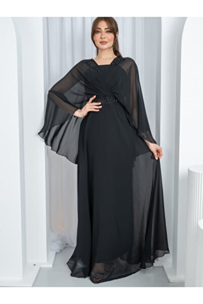 TREN Elegant Black Chiffon Evening Gown with Cape Sleeves and Embellished Wai...