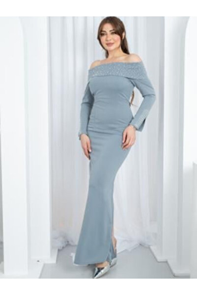 TREN Elegant Off-Shoulder Evening Gown with Beaded Bodice Long Sleeve Blue Fo...