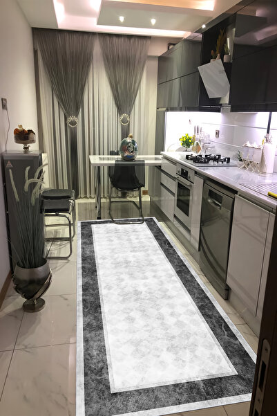 CENTER AVM Gri Halı Mutfak Halısı Makinede Yıkanabilir Halı Kaymaz Taban Halı