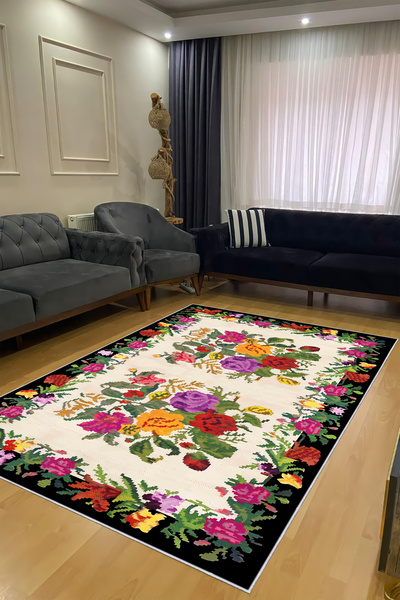 CENTER AVM Renkli Halı Salon Halısı Makinede Yıkanabilir Halı Kaymaz Taban Halı